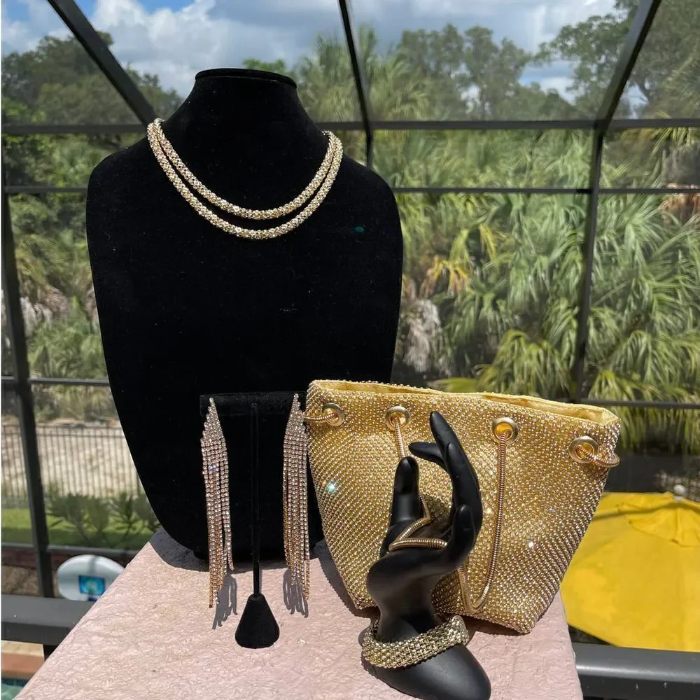 Gold Rhinestone Mesh Evening Bag Set Necklace Earrings Bracelet Formal Prom